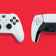 An Xbox Series S controllers sits next to a PS5 controller on a red background.